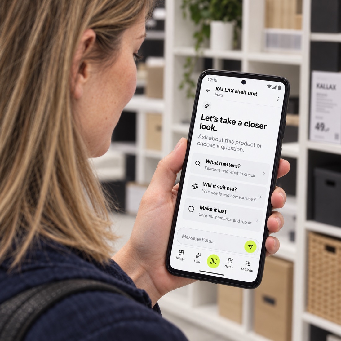 A shopper using Stuffy in a store. AI help on the phone.